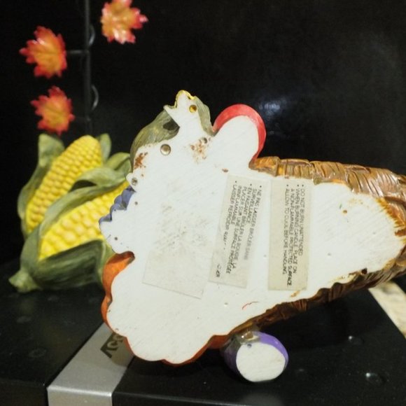 Vintage Thanksgiving Cornucopia Maple Leaf Taper Candle Holder Set 2 Metal Resin - Picture 4 of 4